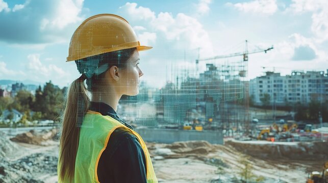 Engineer woman analyzing construction site with digital overlay and statistics
