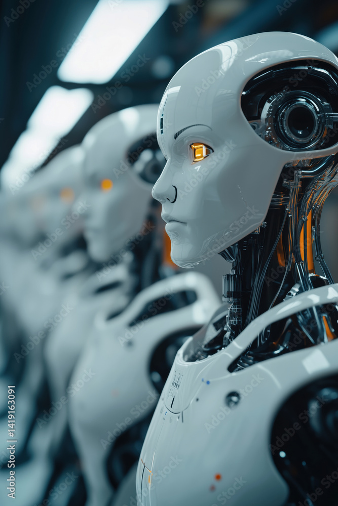 Poster futuristic humanoid robots lined up in a high-tech environment showcasing advanced design and techno