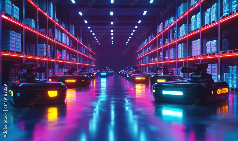 Aufkleber automated robots navigating high-tech warehouse with neon lighting and organized shelves.