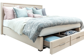 Luxurious beige bed with built in drawers soft blue and pink bedding and plush pillows perfect on transparent background