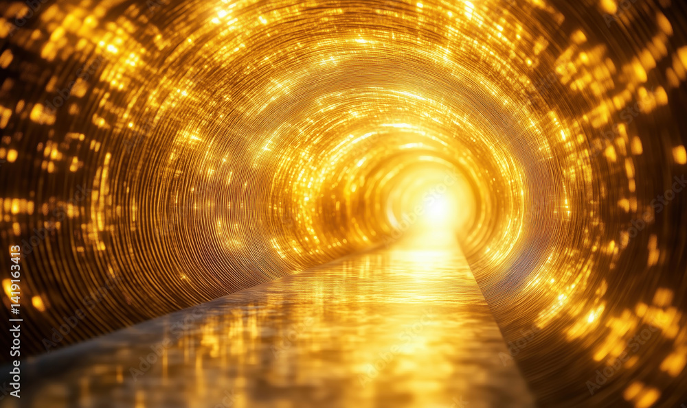 Poster golden tunnel of light with shimmering reflections and glowing particles creating a mystical atmosph