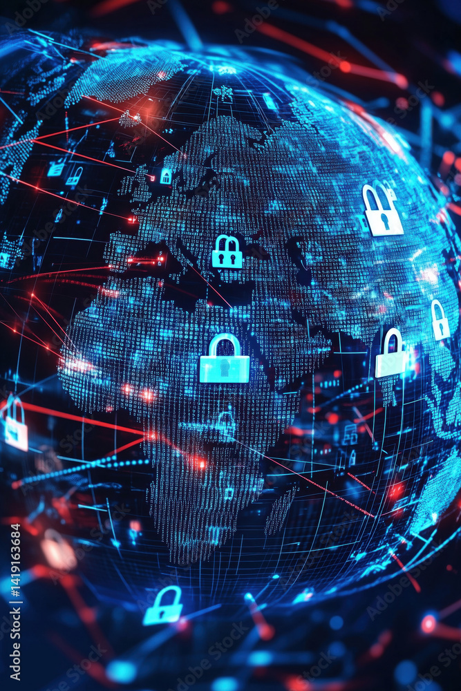 Poster global cybersecurity network visualization with lock icons representing data protection and security