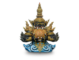 Phra Rahu statue eating the moon with the words “Rich” on the moon, Thai god sculpture Isolated in white background with clipping path