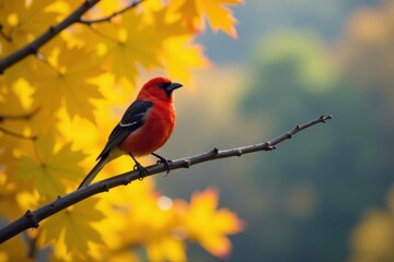 Scarlet tanager, golden aspen leaves, crisp autumn day, gold, vivid