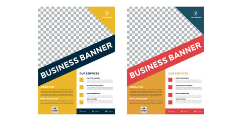 Business Flyer Template with Geometric Design and Diagonal Stripes in Navy Yellow Red and Teal Color Schemes