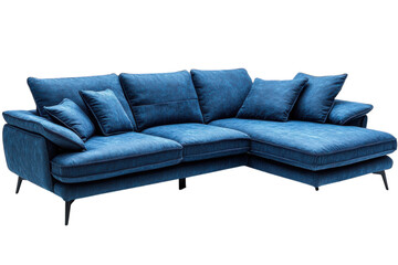 Fototapeta premium Luxurious deep blue velvet sectional sofa perfect for modern living rooms featuring plush on transparent background