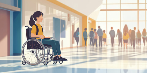 Inclusive environment showcasing girl in wheelchair navigating school hallway, surrounded by diverse students, emphasizing accessibility and community support.