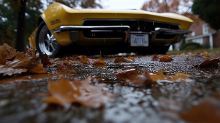 Classic yellow car on a rainy autumn day