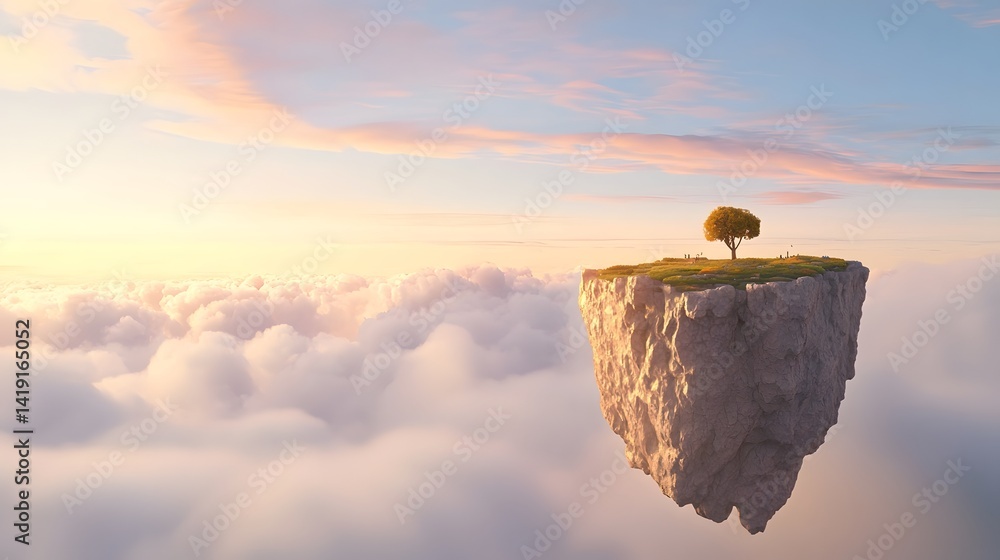 Poster floating island suspended in a glowing surreal sky where the horizon merges with wispy ethereal clou