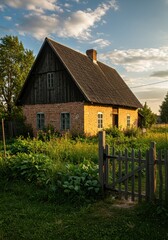 Rustic Brick Farmhouse with Garden at Sunset