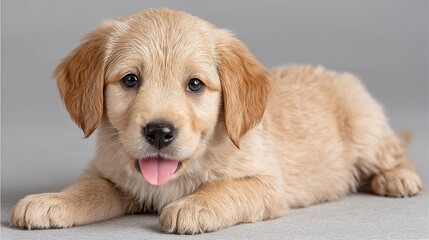 Adorable Golden Retriever Puppy Covered with Crumbles Lying on Gray Surface