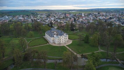 Beautiful view of Kravaře Castle from the park – Czech heritage and landscape. Surrounded by...