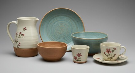 Rustic Floral Pottery Set: Teal and Beige Ceramics