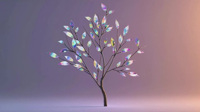 Iridescent glowing tree with vibrant holographic leaves in soft gradient background. Seamless loop animation