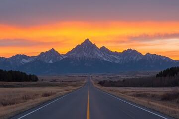 Majestic Sunset Over Mountain Road in Serene Landscape View