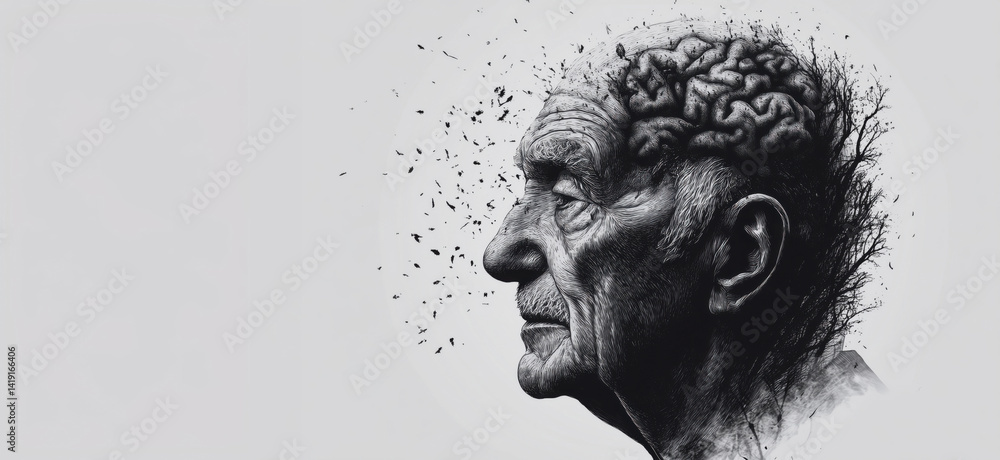Poster elderly man profile with exposed brain and fragmentation, symbolizing aging and mental decline, copy