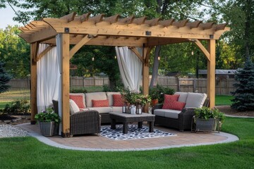 Obraz premium Elegant Outdoor Pergola with Cozy Seating Area and Decor Features