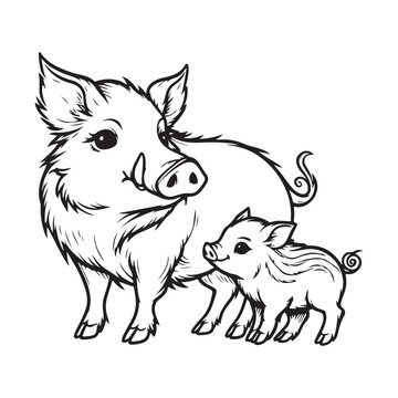 line art of wild boar family cartoon vector