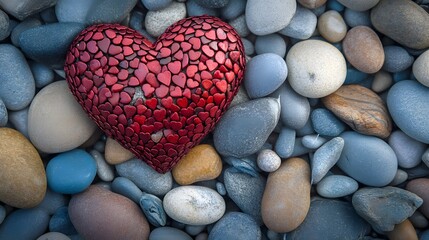 Fototapeta premium Red Heart Mosaic on Smooth Sea Stones