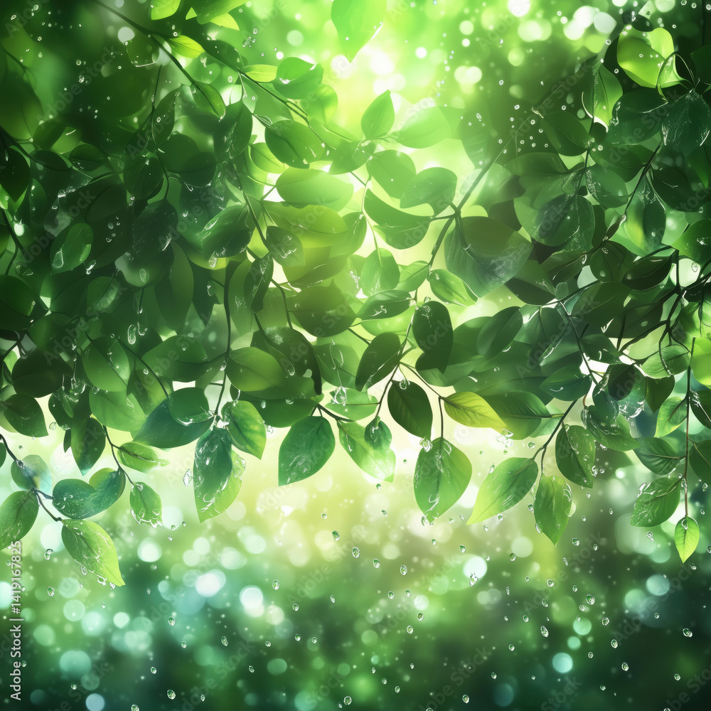 Aufkleber lush green leaves with dew drops and soft bokeh background creating a serene nature atmosphere, copy