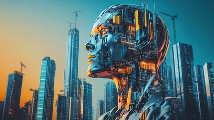 Futuristic vision featuring a robotic figure set against a vibrant cityscape