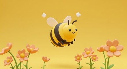 Cartoon Bee Flying Over Flower Field