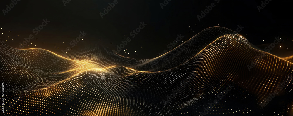 Aufkleber golden wave patterns with glowing particles in dark background, abstract digital landscape, 3d rende