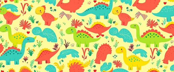 Obraz premium Cute dinosaur cartoon seamless pattern Colorful, abstract background for kids' fabric, wallpaper, pattern