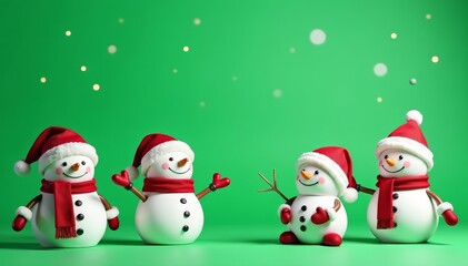 Cute snowmen in various poses and outfits on green backdrop, Holiday, Snowman