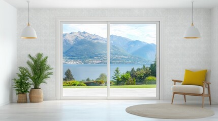 Fototapeta premium Modern Living Room with Scenic Mountain View and Bright Colors