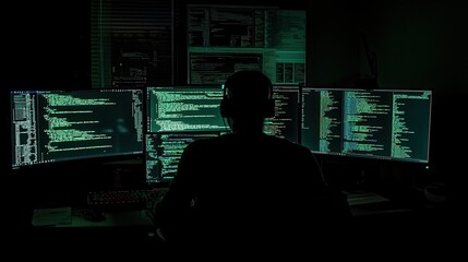 cybersecurity expert working on multiple monitors, dark room with code reflections, data protection theme, tech realism 