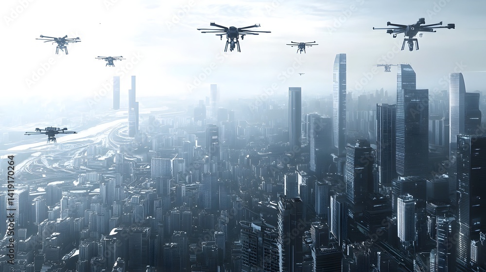 Poster stunning aerial view of a futuristic technology driven metropolis filled with smart advanced buildin