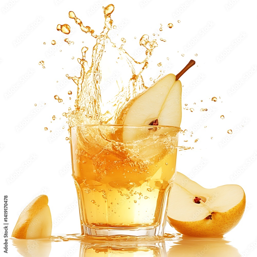 Poster splashing pear juice: a refreshing visual of freshly squeezed pear juice splashing out of a glass, c