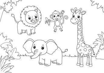 Obraz premium Adorable African Safari Animals Coloring Page Lion, Monkey, Giraffe, Elephant