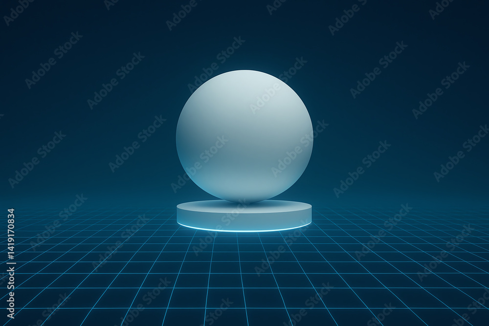 Poster a 3d rendering of a minimalist sphere positioned on a pedestal with a grid background, perfect for s