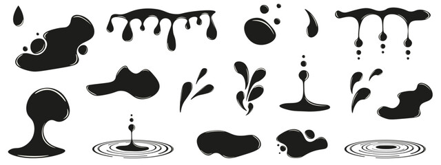 Set perfect Puddles with Splashing water Drops isolated transparent background. Drippid liquid vector graphic collection. Ideal oil and rain water Drops. EPS 10