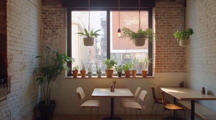 Aesthetic coffee shop corner with exposed brick wall, minimalist furniture, and ceiling-mounted planters
