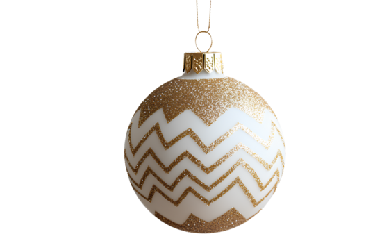  A Christmas ornament with a white and gold glitter chevron pattern, hanging on the tree, isolated on a transparent background.png