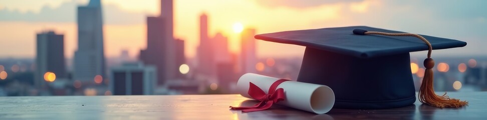 Dual exposure of city buildings with graduation cap and diploma in foreground, diploma, cityscape, architecture