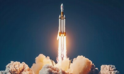Rocket Launch Against Clear Sky with Dramatic Smoke and Flames