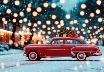 Classic Red Car Decorated for Christmas in Winter Wonderland