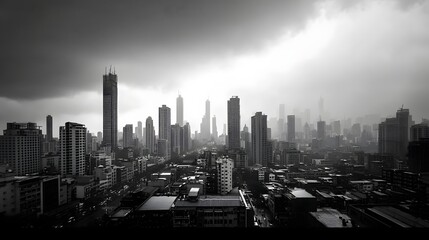 Dramatic black and white cityscape featuring a moody atmospheric skyline with ominous storm clouds looming over the towering high rise buildings of the urban landscape