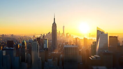 Majestic urban skyline illuminated by the warm golden glow of a serene sunrise or sunset creating a tranquil and scene