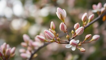 Obraz premium Soft focus on delicate spring tree buds bursting open against a blurred, copy space background, pastel, plant