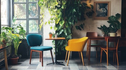 Obraz premium Coffee shop interior with terrazzo tiles, colorful vintage chairs, and lush greenery along the walls