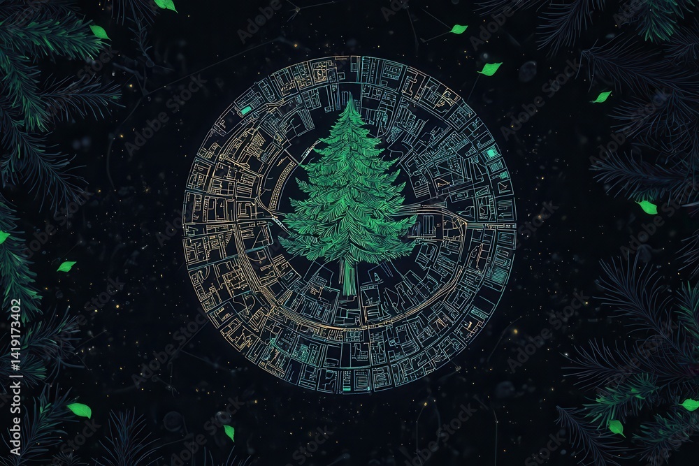 Poster abstract representation of a green tree in a circular pattern design
