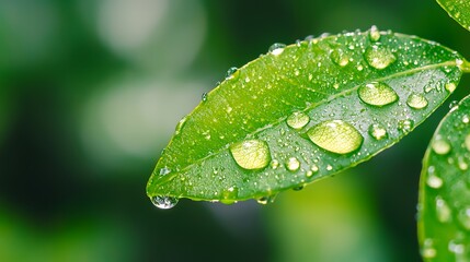 Water droplets on a green leaf macro