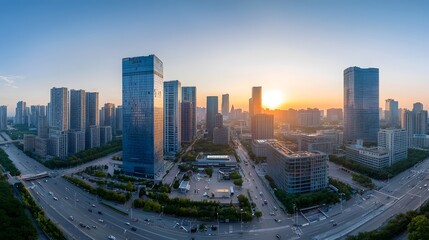 Panoramic view of a sleek futuristic city skyline with high rise buildings reflecting the warm golden hues of the sunrise  The modern architecture and minimalist design create an elegant
