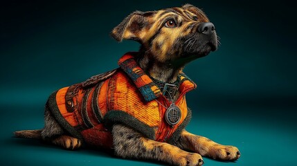 Small brown dog wearing an orange sweater sits on a teal background. The image has a slightly pixelated or textured effect