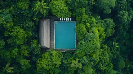 Stunning natural swimming pool nestled in the heart of a lush verdant rainforest surrounded by dense foliage and towering trees creating a peaceful serene and secluded oasis in the untamed wilderness